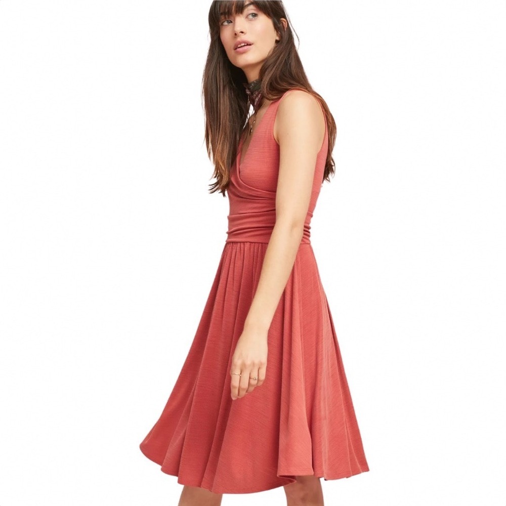 Maeve Anthropologie Rust Ribbed Knit Faux Wrap‎ Fit Flare Dress XS Terracotta